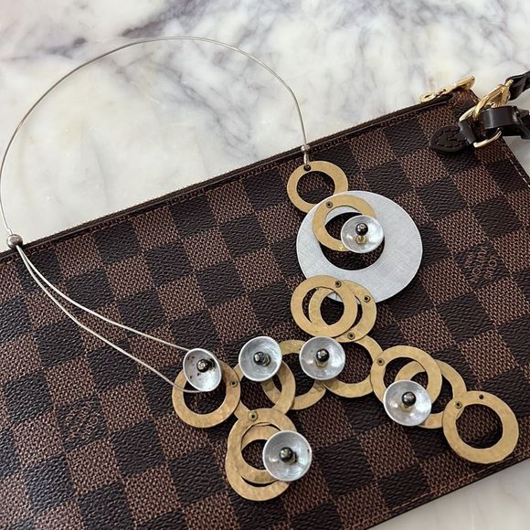 Jewelry - Abstract, metal statement, necklace bronze silver hammered discs